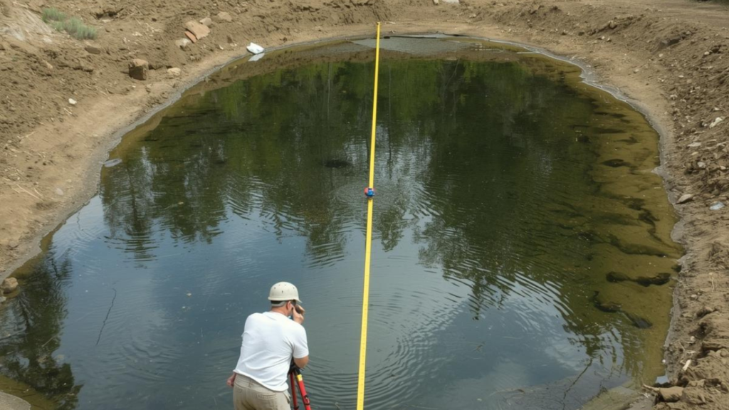 Pond contractor measuring the size of a pond.